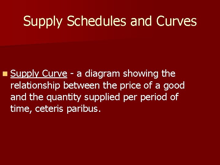 Supply Schedules and Curves n Supply Curve - a diagram showing the relationship between