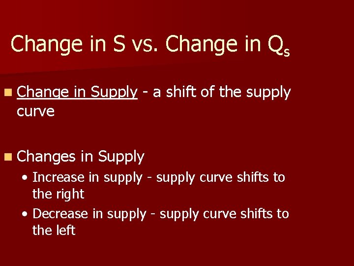 Change in S vs. Change in Qs n Change curve in Supply - a