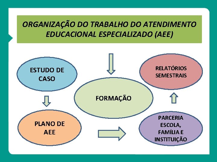 ORGANIZAÇÃO DO TRABALHO DO ATENDIMENTO EDUCACIONAL ESPECIALIZADO (AEE) RELATÓRIOS SEMESTRAIS ESTUDO DE CASO FORMAÇÃO