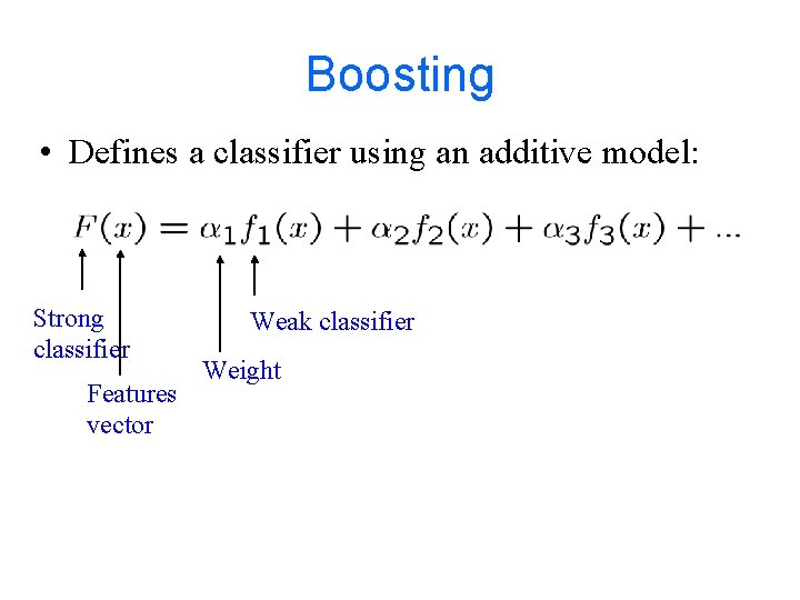 Boosting • Defines a classifier using an additive model: Strong classifier Features vector Weak