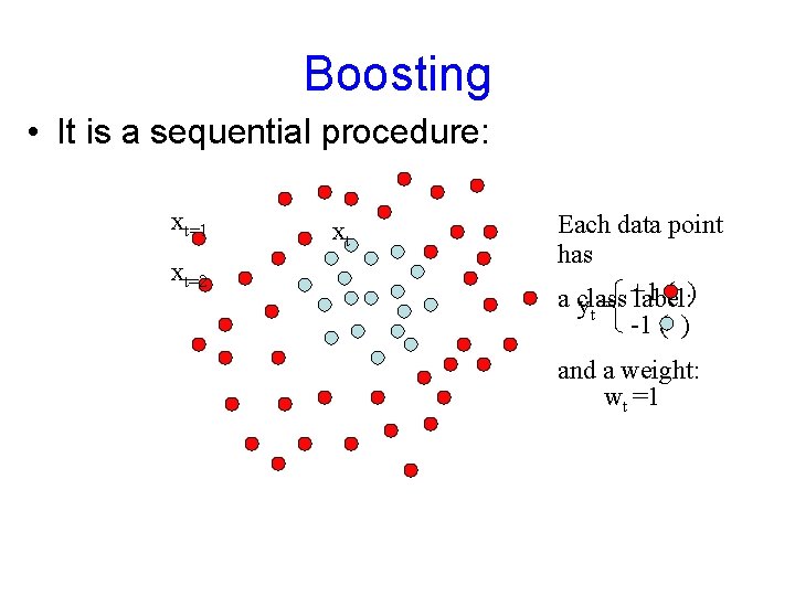 Boosting • It is a sequential procedure: xt=1 xt=2 xt Each data point has