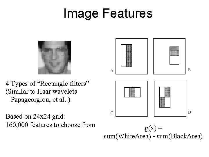 Image Features 4 Types of “Rectangle filters” (Similar to Haar wavelets Papageorgiou, et al.