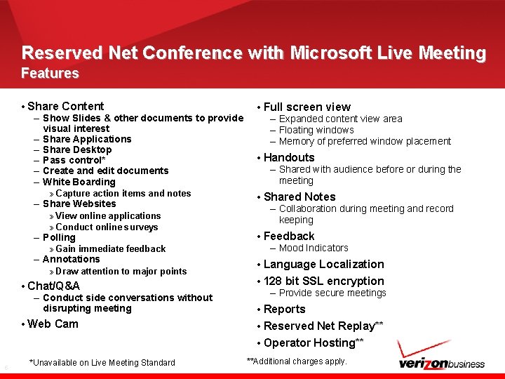 Reserved Net Conference with Microsoft Live Meeting Features • Share Content – Show Slides