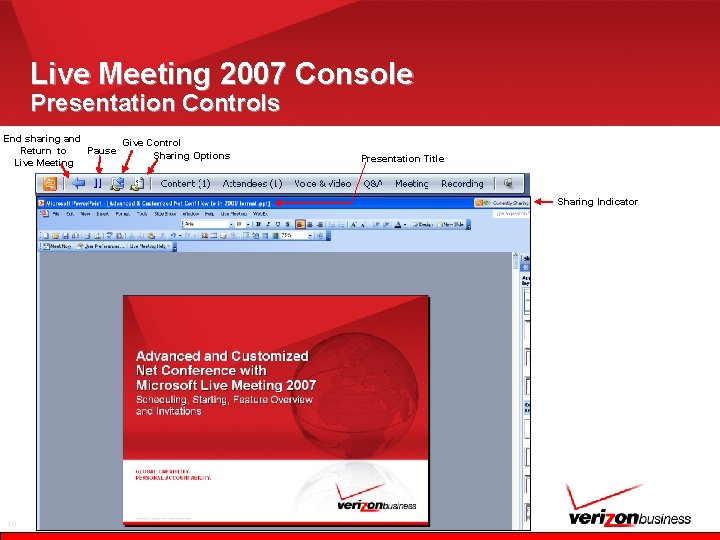 Live Meeting 2007 Console Presentation Controls End sharing and Give Control Return to Pause