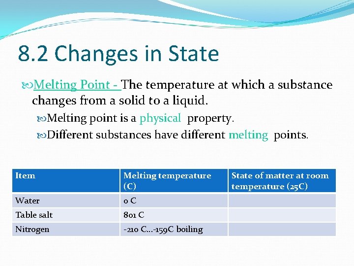 8. 2 Changes in State Melting Point - The temperature at which a substance