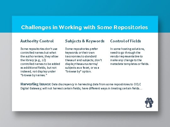 Challenges in Working with Some Repositories Authority Control Subjects & Keywords Control of Fields