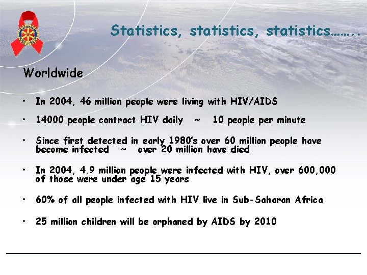 Statistics, statistics……. . Worldwide • In 2004, 46 million people were living with HIV/AIDS