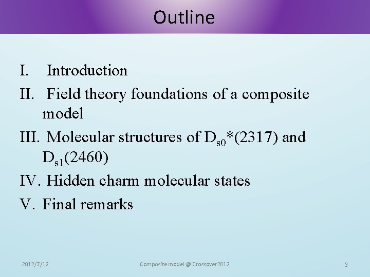 Outline I. Introduction II. Field theory foundations of a composite model III. Molecular structures