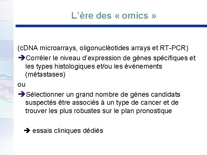 L’ère des « omics » (c. DNA microarrays, oligonucléotides arrays et RT-PCR) Corréler le