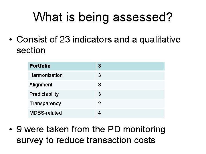 What is being assessed? • Consist of 23 indicators and a qualitative section Portfolio