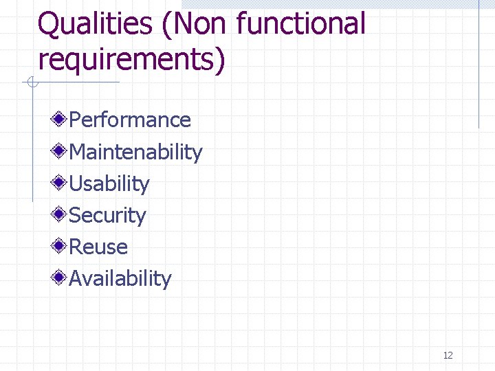 Qualities (Non functional requirements) Performance Maintenability Usability Security Reuse Availability 12 