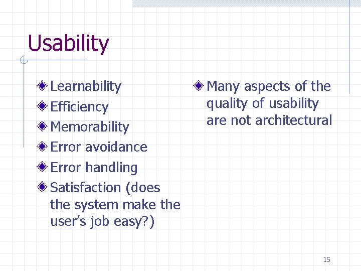 Usability Learnability Efficiency Memorability Error avoidance Error handling Satisfaction (does the system make the