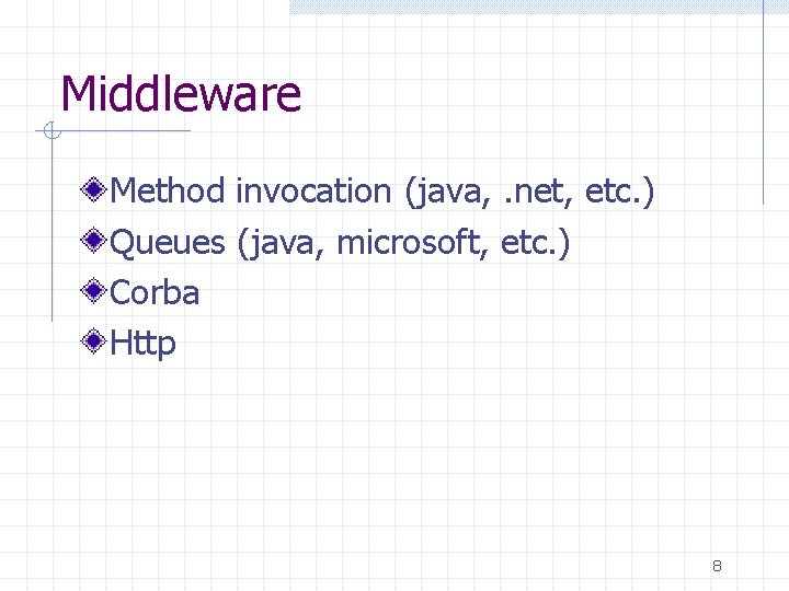 Middleware Method invocation (java, . net, etc. ) Queues (java, microsoft, etc. ) Corba