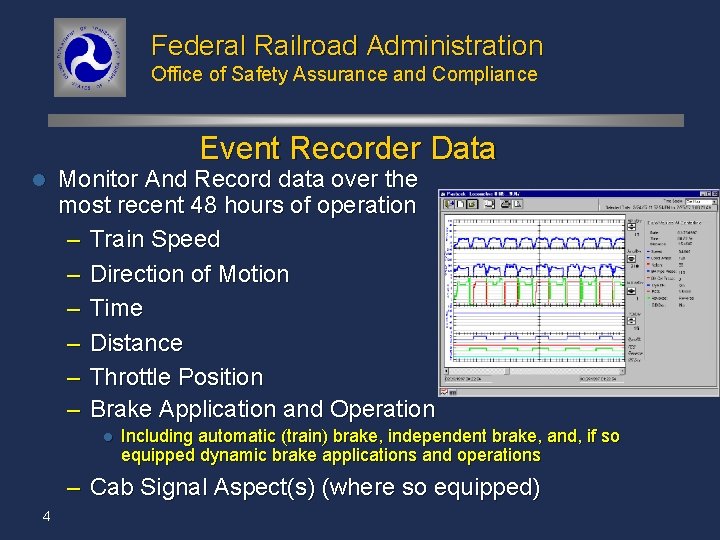 Federal Railroad Administration Office of Safety Assurance and Compliance Event Recorder Data l Monitor