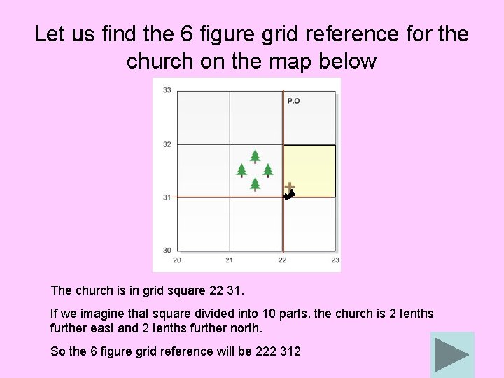 Let us find the 6 figure grid reference for the church on the map