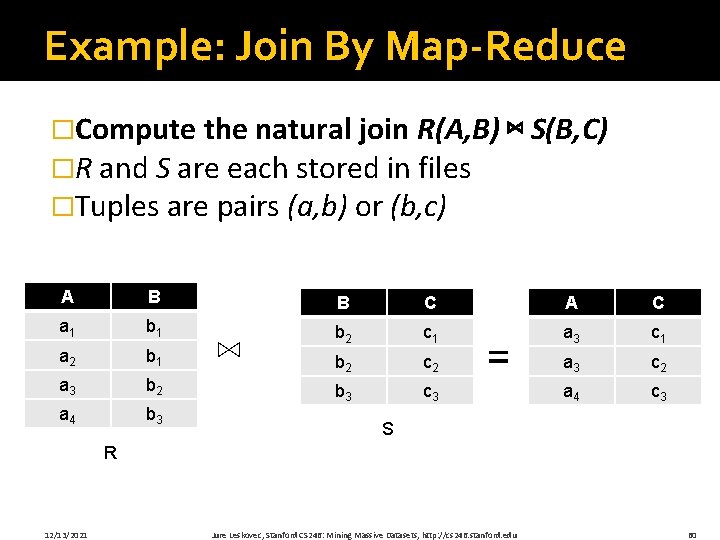 Example: Join By Map-Reduce �Compute the natural join R(A, B) ⋈ S(B, C) �R