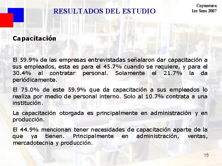 RESULTADOS DEL ESTUDIO Coyuntura 1 er Sem 2007 Capacitación El 59. 9% de las