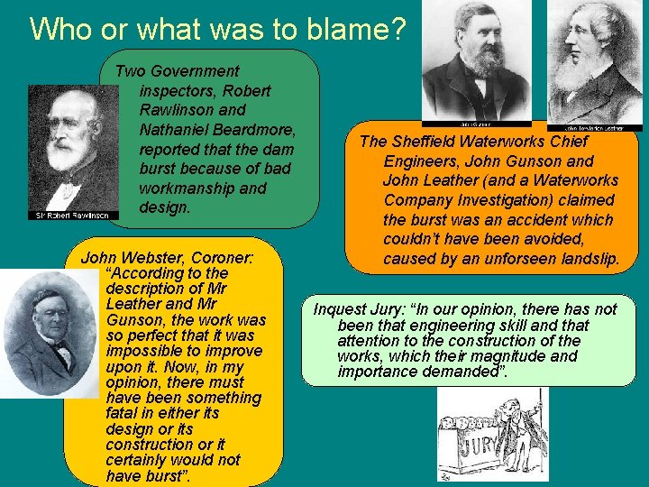 Who or what was to blame? Two Government inspectors, Robert Rawlinson and Nathaniel Beardmore,
