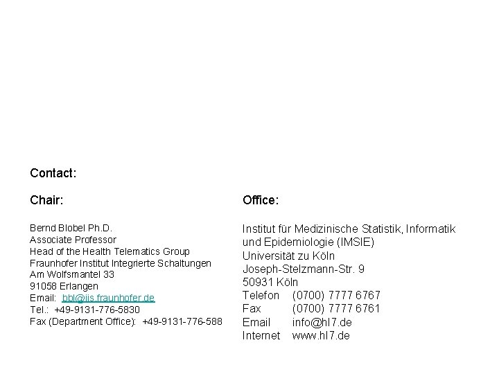 Contact: Chair: Office: Bernd Blobel Ph. D. Associate Professor Head of the Health Telematics