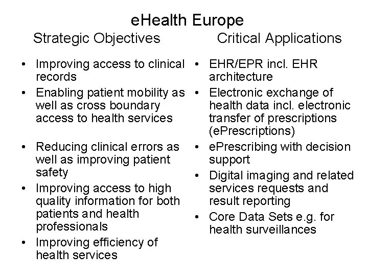 e. Health Europe Strategic Objectives Critical Applications • Improving access to clinical • EHR/EPR