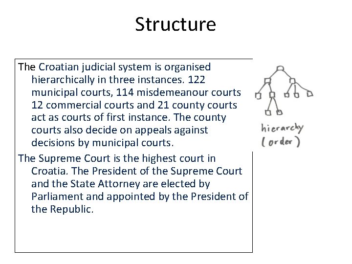 Structure The Croatian judicial system is organised hierarchically in three instances. 122 municipal courts,