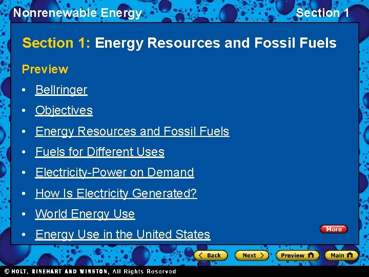 Nonrenewable Energy Section 1: Energy Resources and Fossil Fuels Preview • Bellringer • Objectives