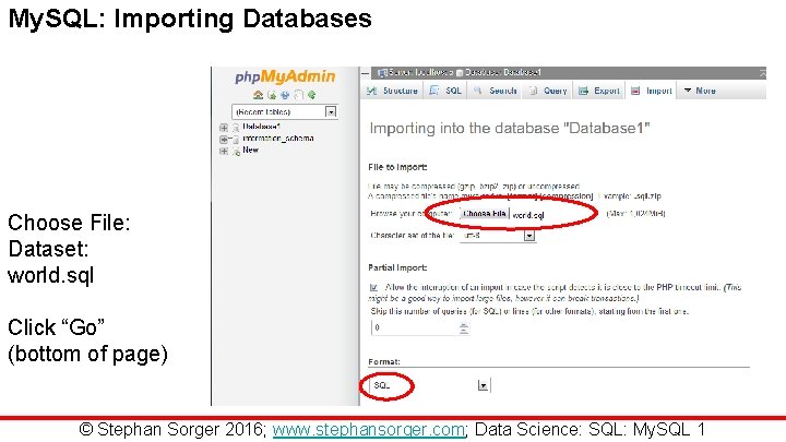 My. SQL: Importing Databases Choose File: Dataset: world. sql Click “Go” (bottom of page)