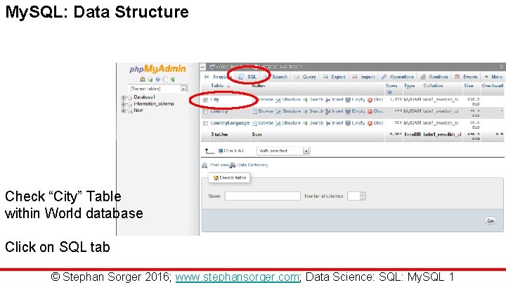 My. SQL: Data Structure Check “City” Table within World database Click on SQL tab