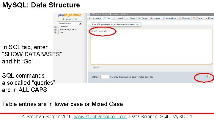 My. SQL: Data Structure In SQL tab, enter “SHOW DATABASES” and hit “Go” SQL