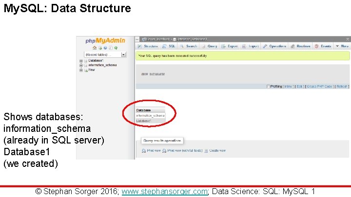 My. SQL: Data Structure Shows databases: information_schema (already in SQL server) Database 1 (we