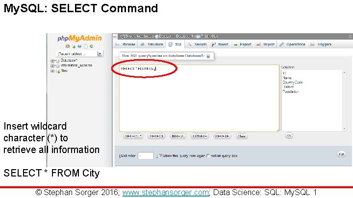 My. SQL: SELECT Command Insert wildcard character (*) to retrieve all information SELECT *