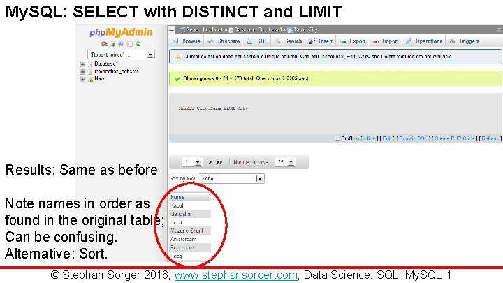 My. SQL: SELECT with DISTINCT and LIMIT Results: Same as before Note names in