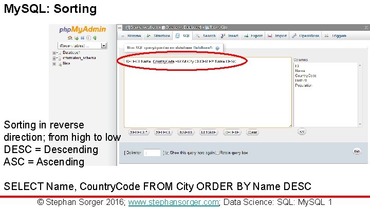 My. SQL: Sorting in reverse direction; from high to low DESC = Descending ASC