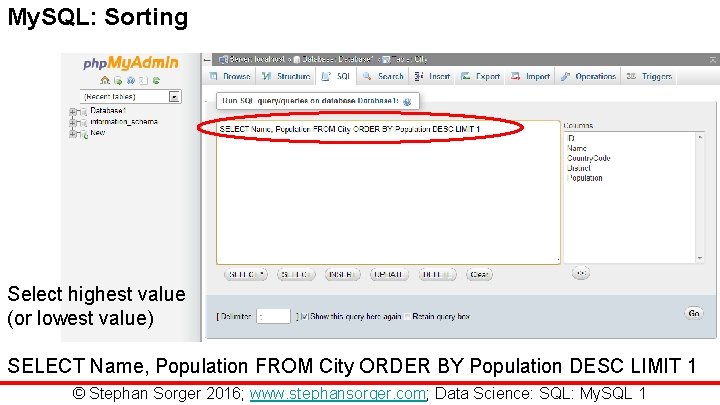 My. SQL: Sorting Select highest value (or lowest value) SELECT Name, Population FROM City