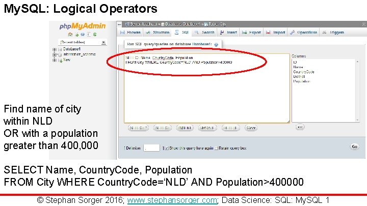 My. SQL: Logical Operators Find name of city within NLD OR with a population