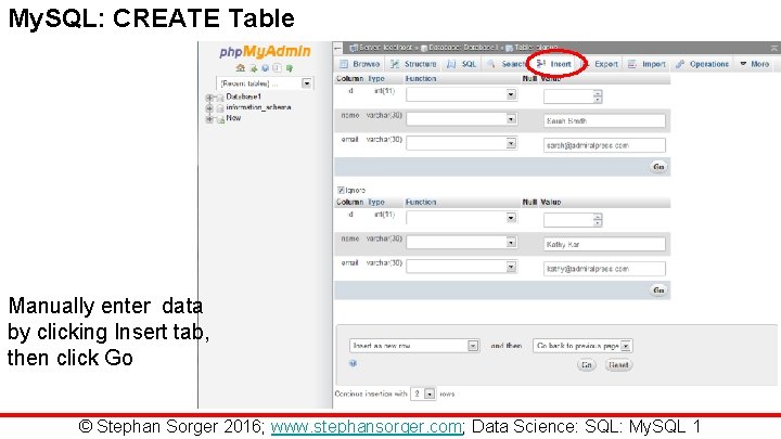 My. SQL: CREATE Table Manually enter data by clicking Insert tab, then click Go