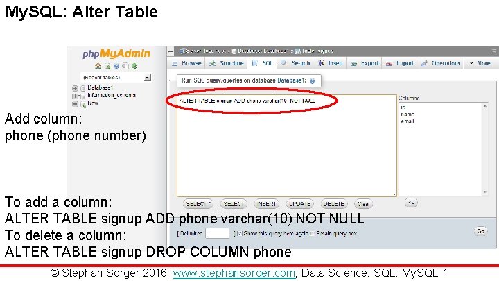 My. SQL: Alter Table Add column: phone (phone number) To add a column: ALTER