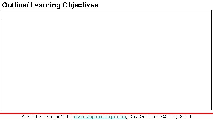 Outline/ Learning Objectives © Stephan Sorger 2016; www. stephansorger. com; Data Science: SQL: My.