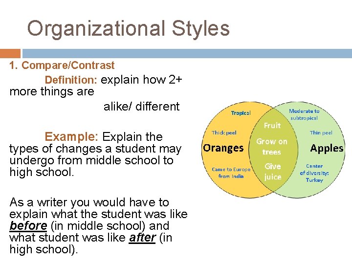 Organizational Styles 1. Compare/Contrast Definition: explain how 2+ more things are alike/ different Example: