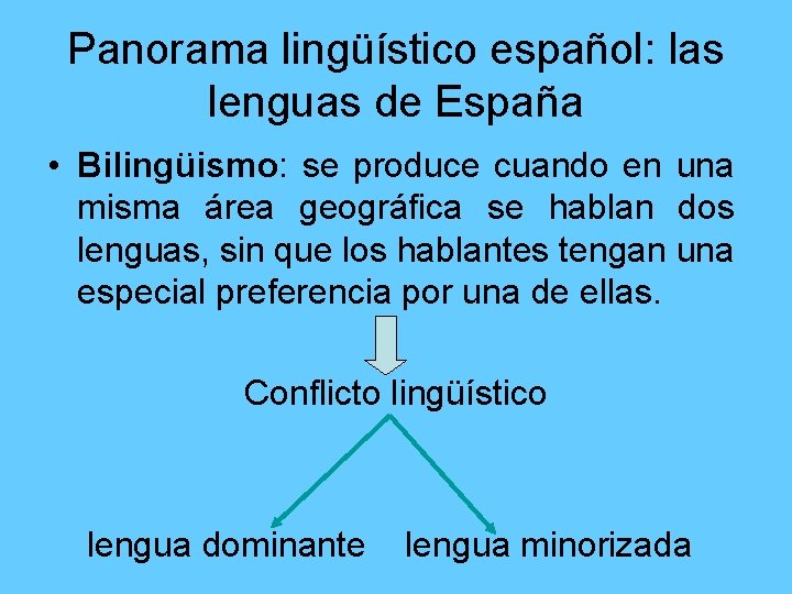 Panorama lingüístico español: las lenguas de España • Bilingüismo: se produce cuando en una