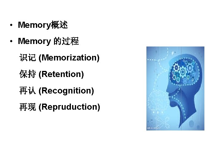  • Memory概述 • Memory 的过程 识记 (Memorization) 保持 (Retention) 再认 (Recognition) 再现 (Repruduction)