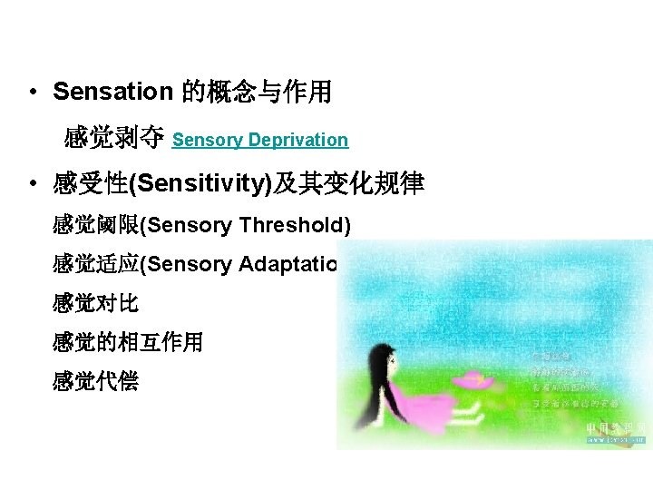  • Sensation 的概念与作用 感觉剥夺 Sensory Deprivation • 感受性(Sensitivity)及其变化规律 感觉阈限(Sensory Threshold) 感觉适应(Sensory Adaptation) 感觉对比