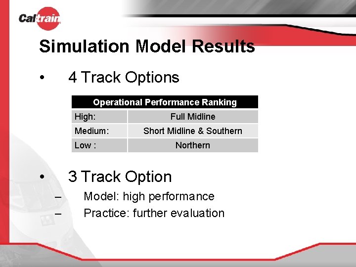 Simulation Model Results • 4 Track Options Operational Performance Ranking High: Medium: Full Midline