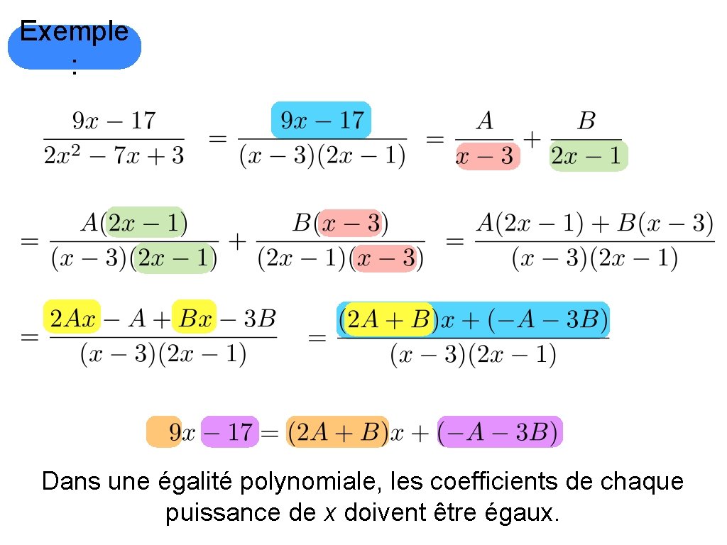 Exemple : Dans une égalité polynomiale, les coefficients de chaque puissance de x doivent