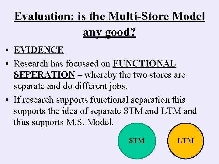 Evaluation: is the Multi-Store Model any good? • EVIDENCE • Research has focussed on