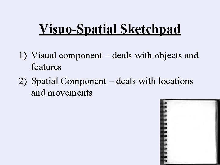 Visuo-Spatial Sketchpad 1) Visual component – deals with objects and features 2) Spatial Component