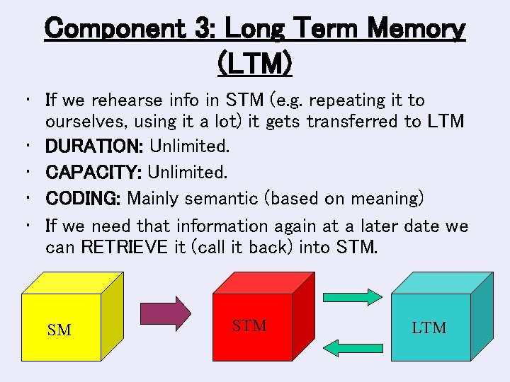 Component 3: Long Term Memory (LTM) • If we rehearse info in STM (e.