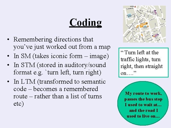 Coding • Remembering directions that you’ve just worked out from a map • In