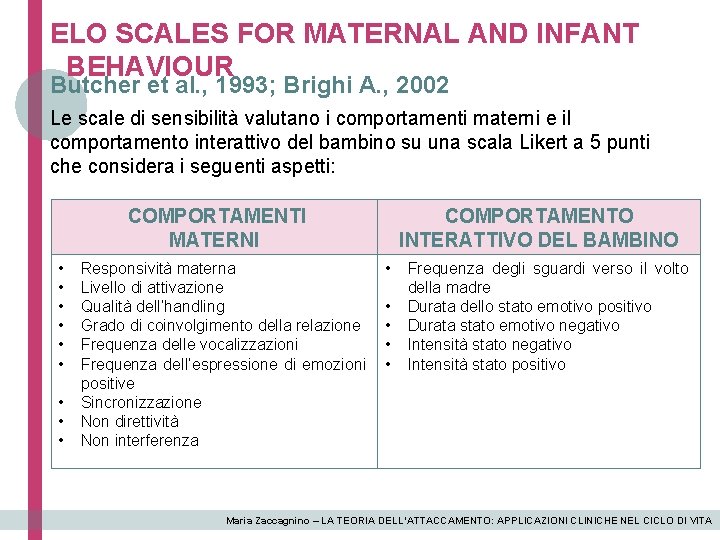 ELO SCALES FOR MATERNAL AND INFANT BEHAVIOUR Butcher et al. , 1993; Brighi A.