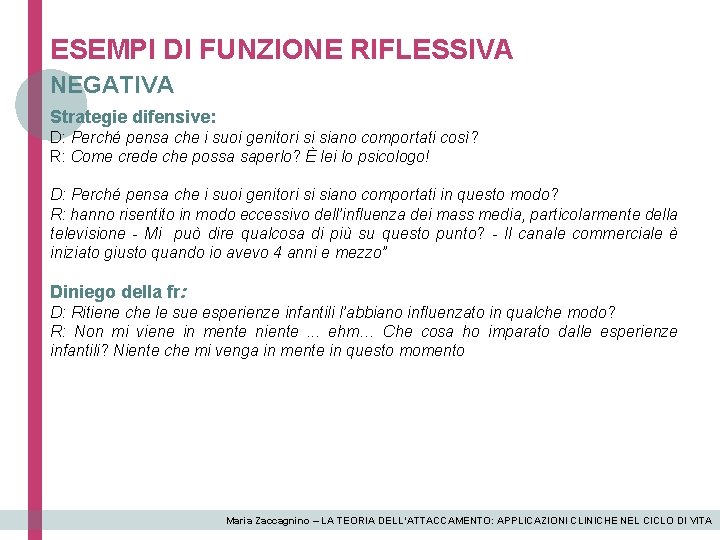 ESEMPI DI FUNZIONE RIFLESSIVA NEGATIVA Strategie difensive: D: Perché pensa che i suoi genitori